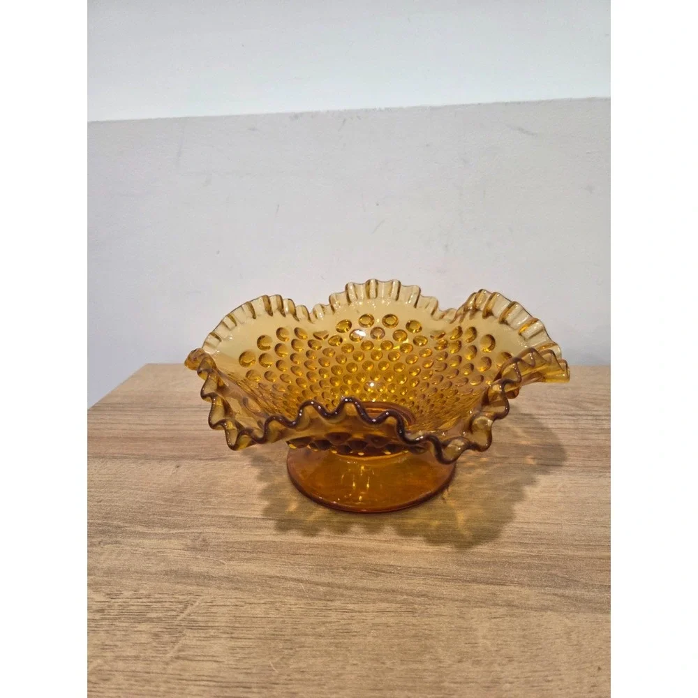 Vintage Fenton Hobnail Amber Candy Dish Footed Ruffled Edge 8''